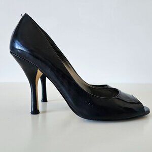 NINE WEST Black Patent Leather Open Toe 3.5" Heels Pumps Shoes 6M